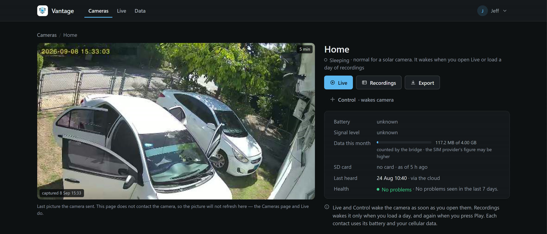 The Vantage portal showing one camera's page: the last picture from a driveway camera, Live, Recordings and Export buttons, and the battery, signal and data readings