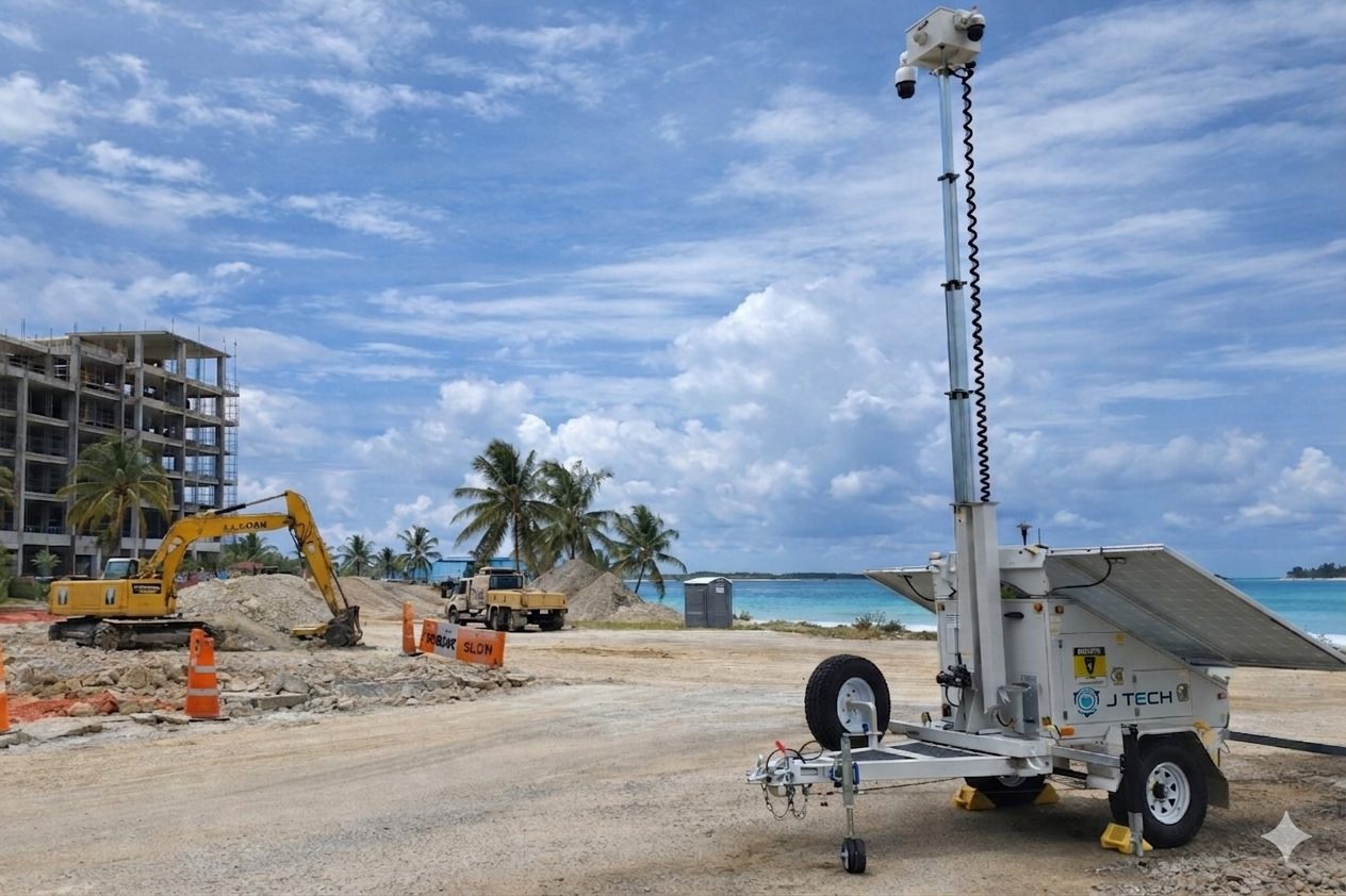 JTECH solar-powered mobile surveillance trailer with raised camera mast at a beachfront construction site in Nassau
